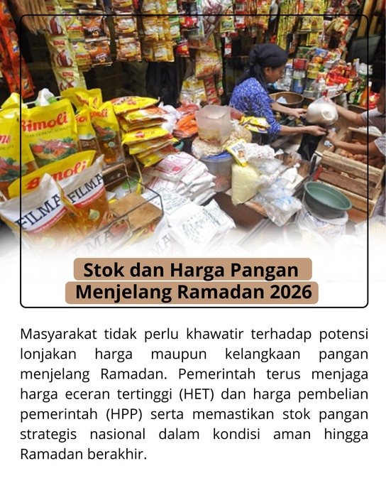 CandramayaL's tweet photo. Info Resmi: Pangan Ramadan 2026 AMAN Stok kebutuhan pokok dipastikan mencukupi dan harga terpantau stabil. Masyarakat diimbau tetap tenang dan tidak perlu khawatir akan kelangkaan. https://t.co/tfuS1DGGn9