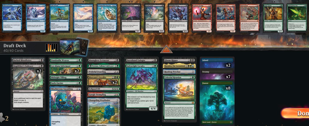 Mjolnir1336's tweet photo. Pick2 shenanigans. Started with Eclipsed and the Reunion, then was passed all the good cards. 7-2, struggled with getting the 6th land. #MTGA https://t.co/A7Dso8tF1J
