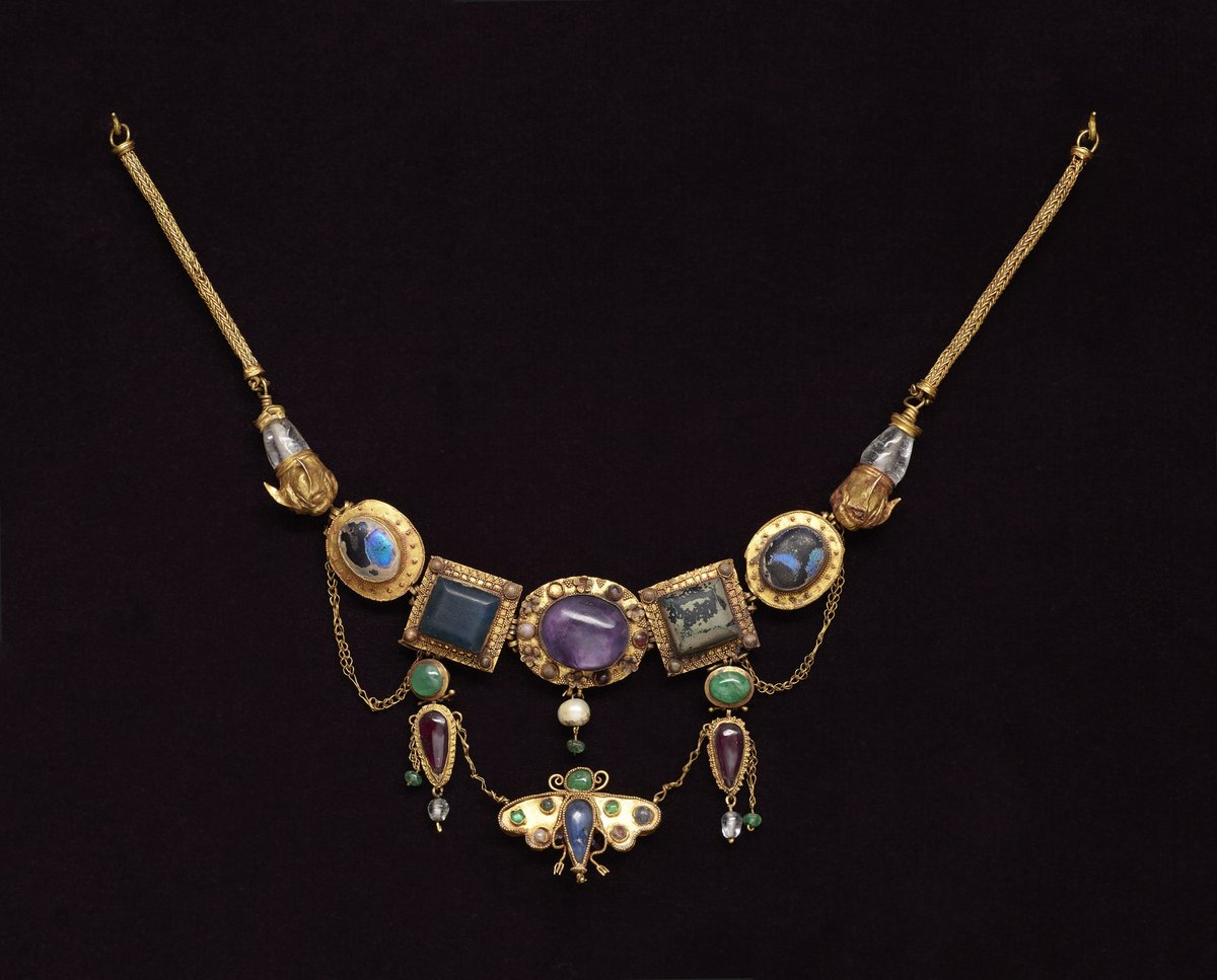 A 2nd-1st Century BC, Greek necklace with its bejewelled butterfly pendant, was found on the neck of a woman who died over 2000 years ago in Pontic Olbia - then a thriving Greek city on the Black Sea in present-day Ukraine. 

Butterflies were common pendants in Greek jewellery