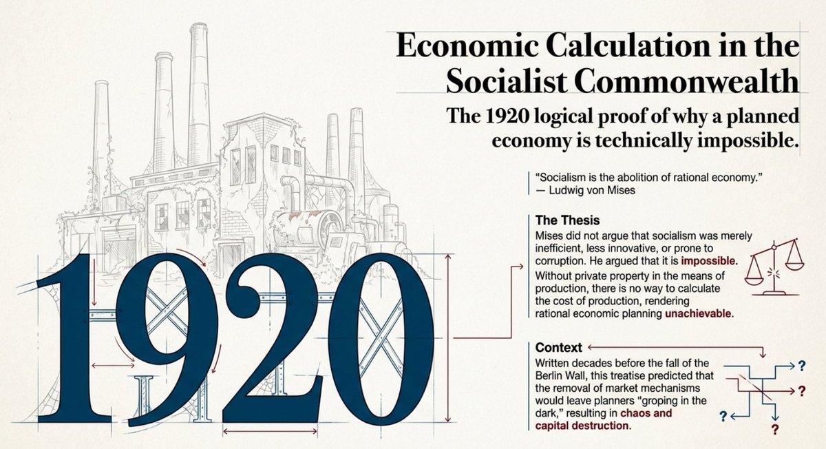 Conza's tweet photo. 🛡️Why achieving socialism is impossible 🛡️  

"...Since the very essence of socialism is collective ownership of the means of production, the planning board would not be able to plan, or to make any sort of rational economic decisions. Its decisions would necessarily be completely arbitrary and chaotic, and therefore the existence of a socialist planned economy is literally "impossible” (to use a term long ridiculed by @mises's critics)..."
— Murray Rothbard, End of Socialism and the Calculation Debate Revisited
