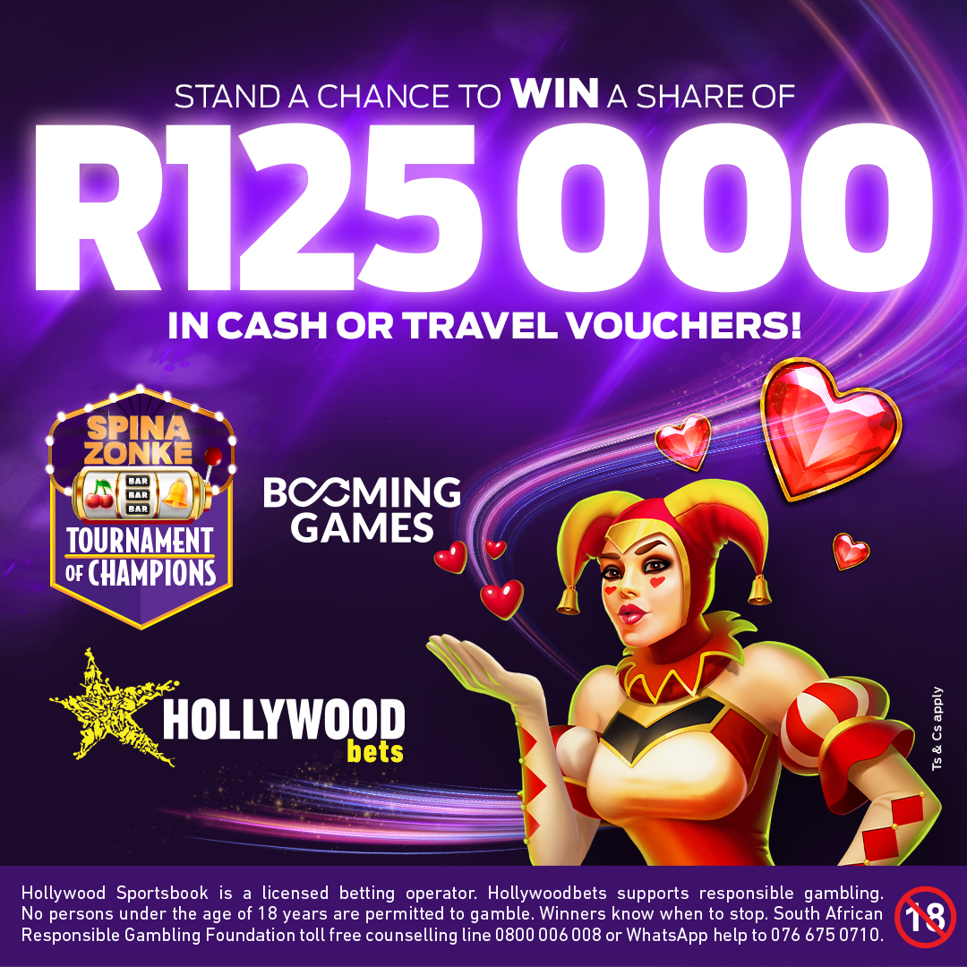 Celebrate Valentine’s victories with Hollywoodbets!You could win a R250 betting voucher today only!😊 

Simply enter the Spina Zonke Tournament of Champions and bet R2 or more on selected Booming Games slots! Competition ends 12 February 2026.💜

Ts &amp; Cs apply.

#HWBTWT