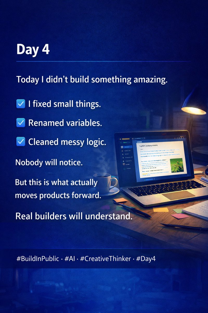 bb5ae43dc9f74df's tweet photo. Today was about improving real user flow.

Worked on:
✅ Refining the main feature
✅ Improving UI/UX for better clarity
✅ Handling edge cases

Not perfect — but more usable than yesterday.

That’s real progress.

#BuildInPublic #AI #ProductBuilding #CreativeThinker #Day4 https://t.co/XFjMkneSGe
