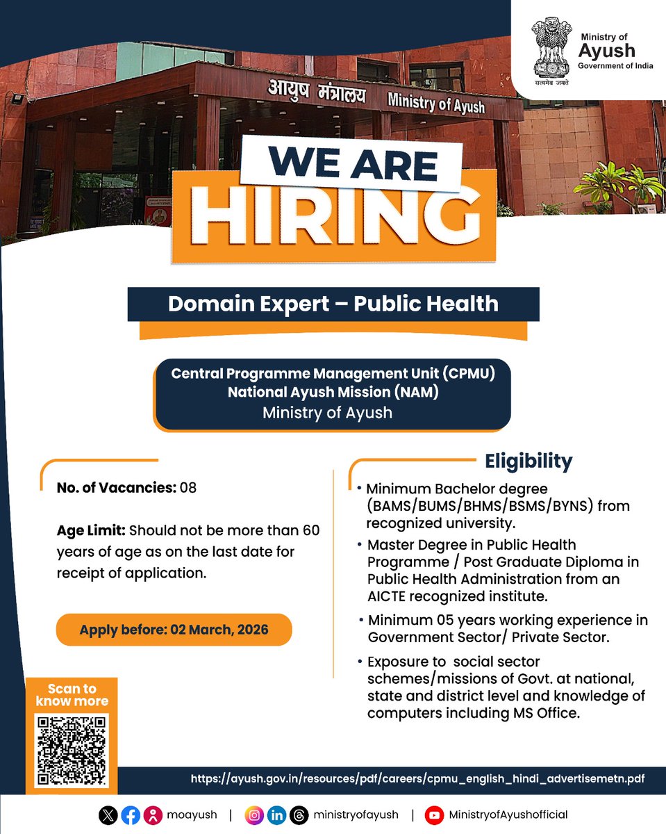 moayush's tweet photo. The Ministry of Ayush is inviting applications for the position of #DomainExpert – Public Health under the National Ayush Mission (CPMU). Applications are open for candidates with a minimum of 05 years of working experience in (1/2) https://t.co/icylf5aD8k