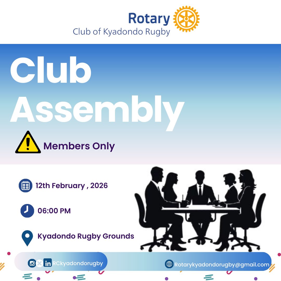 RCKyadondoRugby's tweet photo. Members Only | Club Assembly
π
12th February 2026
β° 6:00 PM
π β¦@KyadondoClubβ©
#ClubAssembly #uniteforgood #ServiceAboveSelf #RCKyadondoRugbyfellowships https://t.co/pxQVdE9JpK
