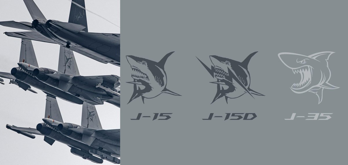 RickJoe_PLA's tweet photo. Given J-15/T is "Flying Shark" it only makes sense for J-15DT/DH to be nicknamed "Spark Shark" (even if it's not the official title).
Rhyming + alliteration both.

Its tail emblem even has the shark brandishing a lightning bolt, cute. https://t.co/Xtp5yMdpzu
