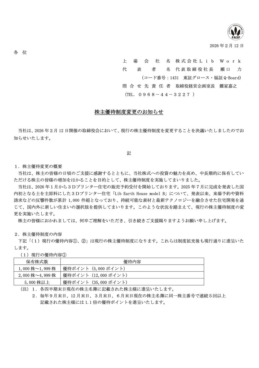 yutai_samurai's tweet photo. #株主優待
#LibWork(1431)
株主優待制度変更のお知らせ
2026年2月12日開示
【従来との差分】
🔸BTC抽選優待を廃止(2026年6月期で終了)
🔸3Dプリンター住宅割引券を新設
━━━
■継続(変更なし)
①優待ポイント(四半期)
🔹1,000株〜5,000pt
🔹2,000株〜12,000pt
🔹5,000株〜35,000pt
※5回連続記載で1.1倍
②QUOカード+投資用アパート割引券(6月末)
🔹100株〜QUO1,000円
🔹1,000株〜+1%割引券
🔹5,000株〜+2%
🔹10,000株〜+3%
━━━
■廃止
🔹500株〜BTC抽選(最大10万円相当)
━━━
■新設(2027年6月末から)
🔹1,000株〜3D住宅1%割引券
🔹5,000株〜2%
🔹10,000株〜3%
参考:BTC抽選優待を住宅関連優待へ置換。
※詳しくは別紙開示参照のこと