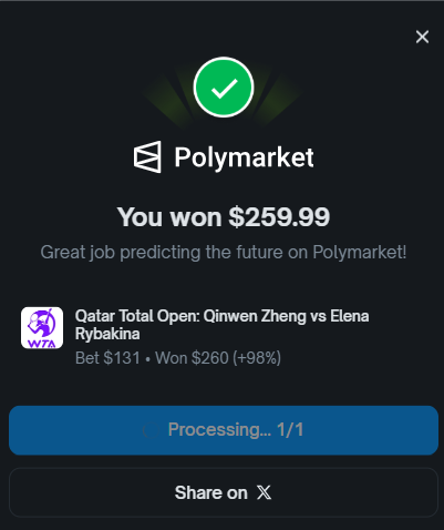 I just won 259.99 on <a href="/Polymarket/">Polymarket</a>!

TeNNiS

Join me and put your money where your mouth is: poly.market/cE8w9Hw