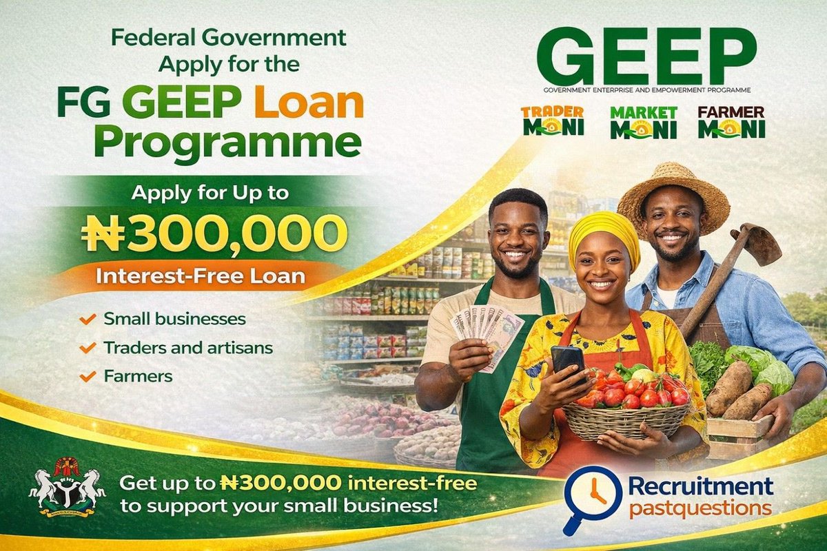 FG GEEP Loan 2025 Now Open – Access Up to ₦300,000

The Federal Government is currently accepting applications for the GEEP Loan Programme, offering up to ₦300,000 in interest-free, collateral-free funding.

Eligible Applicants  
– Small business owners  
– Traders &amp; market