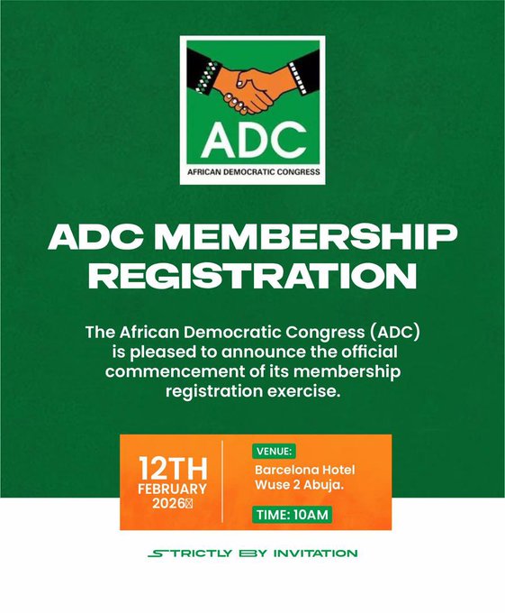 Exciting news!
The ADC officially kicks off our nationwide membership registration today, Feb 12th. This is about YOU - strengthening democracy from the grassroots up. 

Be part of the movement that's putting people first. 

Venue: Barcelona Hotel, Wuse 2, Abuja | 10am