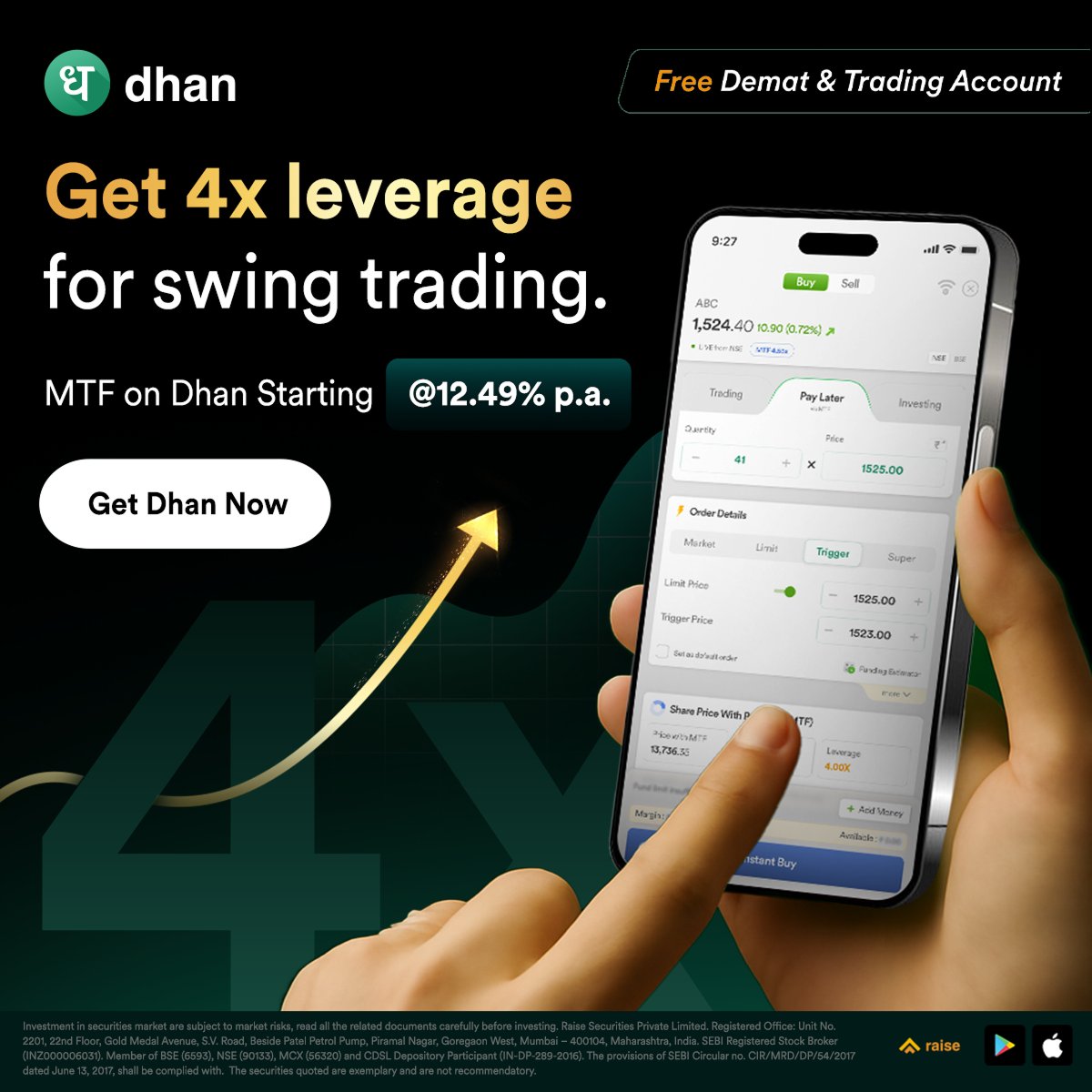 DhanHQ's tweet photo. Access MTF on Dhan across 1700+ stocks with up to ₹1 Cr overall funding and margins of up to ₹20L per stock. Explore MTF on Dhan now.
