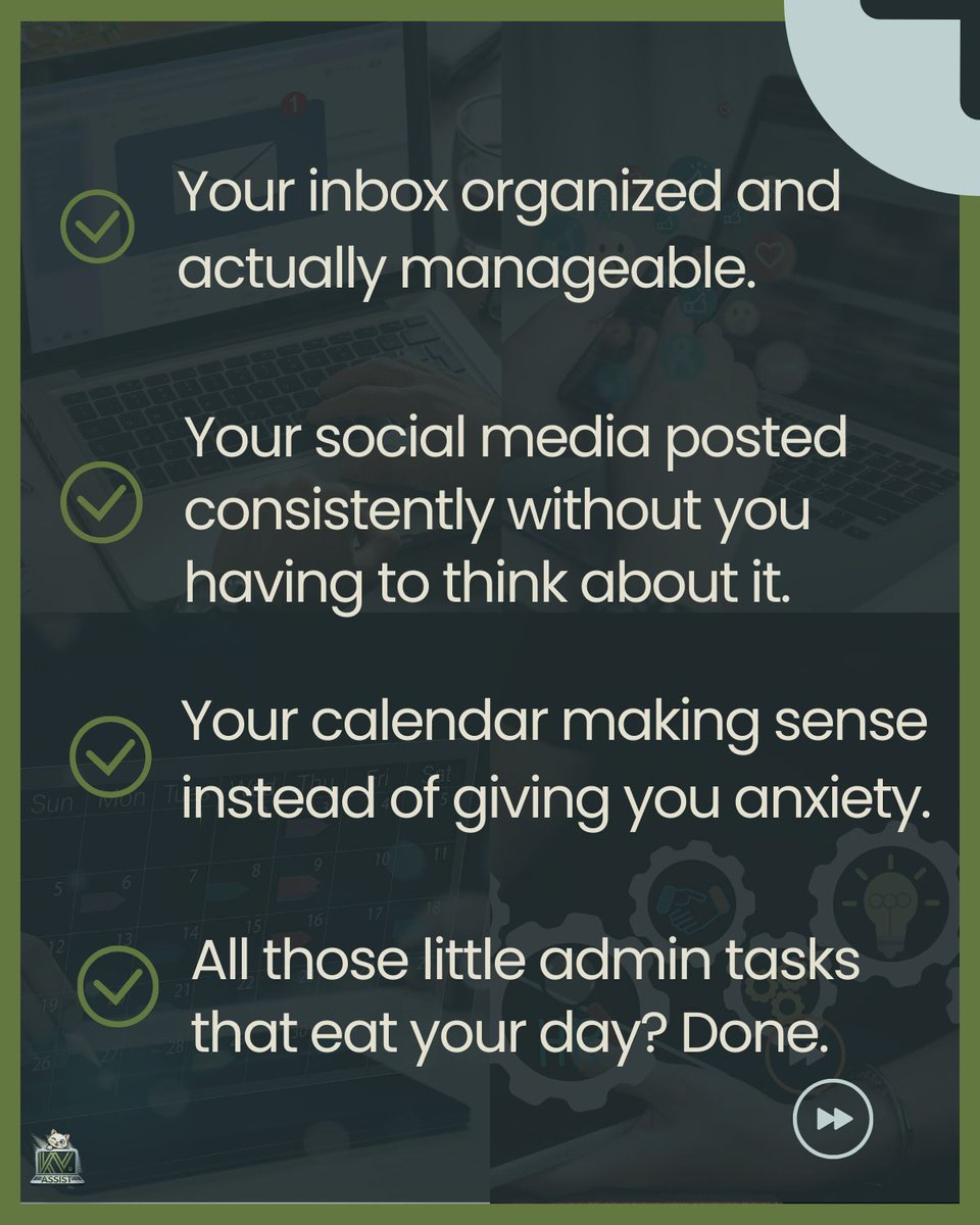 kv_assist's tweet photo. Done-for-You Solutions for Busy Entrepreneurs 💻

You know that feeling when you're drowning in your inbox at 11pm, your content calendar is a mess, and you can't remember if you confirmed that meeting for tomorrow? https://t.co/F4AYcM8SDX