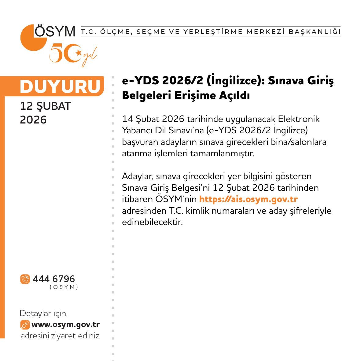 e-YDS 2026/2 (İngilizce): Sınava Giriş Belgeleri Erişime Açıldı

osym.gov.tr/TR,33863/e-yds…