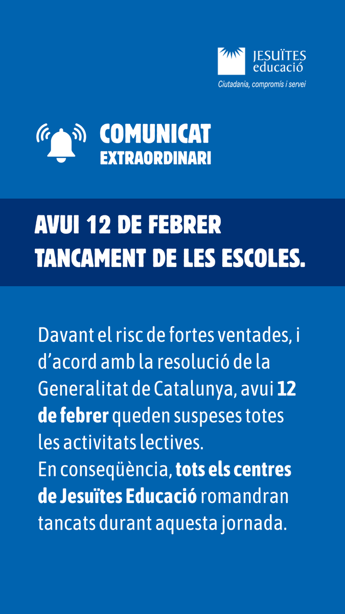 jesuitesFP's tweet photo. ⚠️ Avís important: avui dijous 12 de febrer queda suspesa tota l’activitat lectiva per risc vermell de ventades. Centres tancats. Seguiu els canals habituals per a més informació. https://t.co/PjT0xfkHIQ