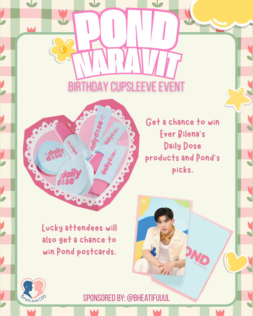 boyslovecdo's tweet photo. Eyes on the prize! 🎁

Get a chance to win Pond’s picks from Ever Bilena’s Daily Dose collection and take home a Pond Birthday Bouquet!

Last few slots left! 💚

See you there, Pangponds &amp; Narawins!

#Happy25thPondDay #ppnaravit #boyslovecdo https://t.co/0cYjrvoGk4