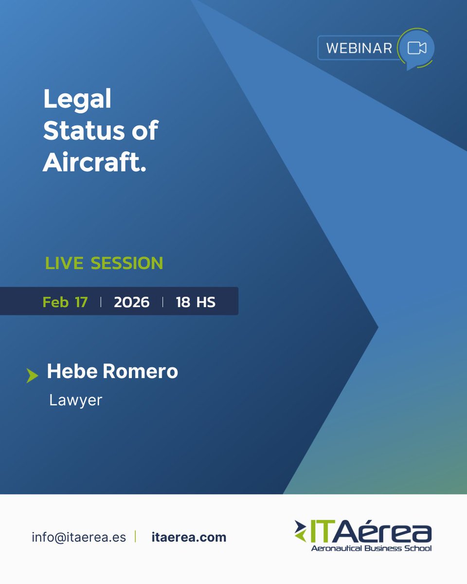 New Webinar 👉 Legal Status of Aircraft. 

📅 17/02/2026
🕧 18.00 CET
🎓 Hebe Romero, Lawyer.

If you want more information about our programmes, please write to 📨 info@itaerea.com