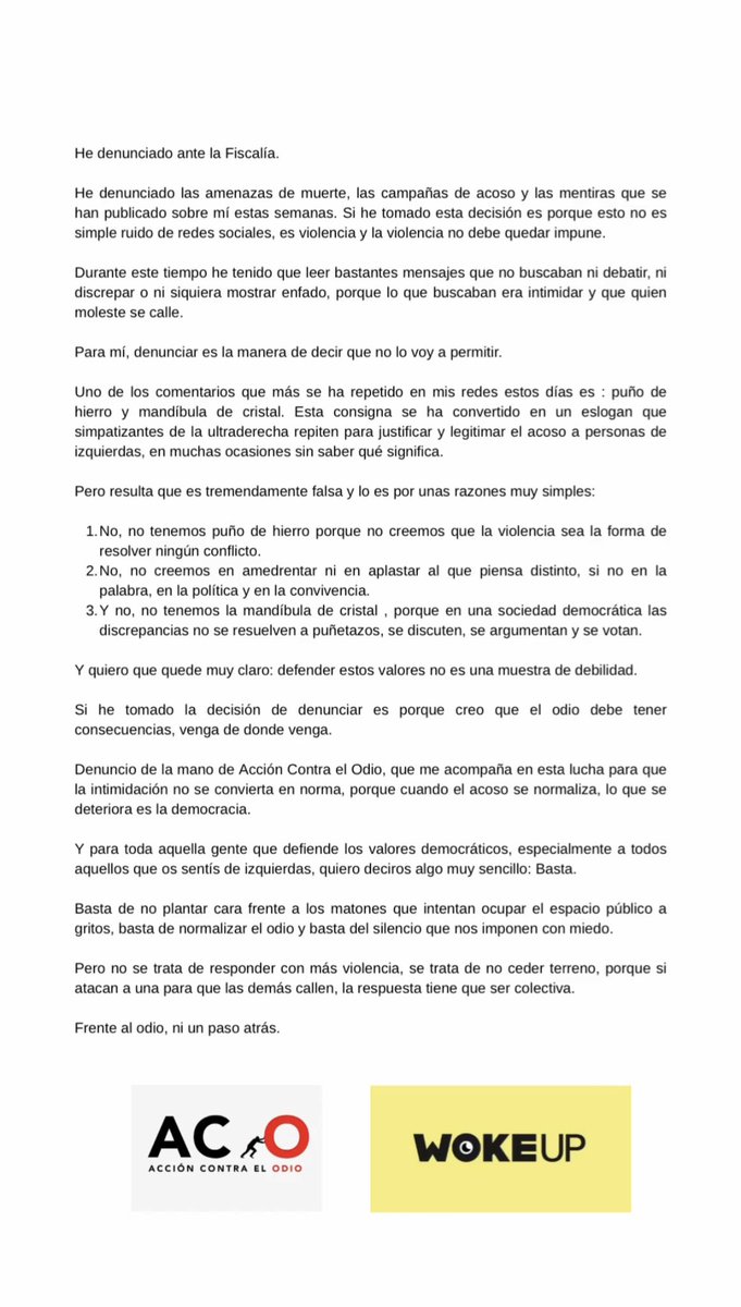 Denunciar el odio no es exagerar, lo que sí que es exagerar es normalizarlo.

Porque el silencio protege a los matones y alzar la voz protege a la democracia .