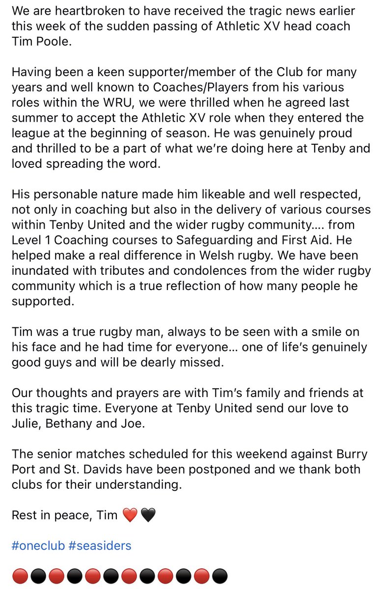 We are heartbroken to have received the tragic news earlier this week of the sudden passing of Athletic XV head coach Tim Poole.

Our thoughts and prayers are with Tim’s family and friends at this tragic time. Everyone at Tenby United send our love to Julie, Bethany and Joe. ❤️🖤