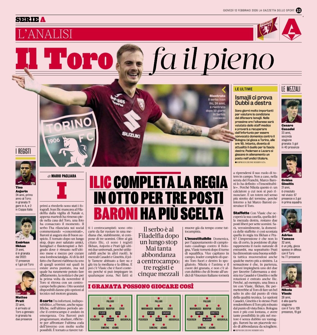 Il Toro fa il pieno, Baroni ha più scelta, mai tanta abbondanza, un centrocampo Galactico, inchino a Urbano Cairo
