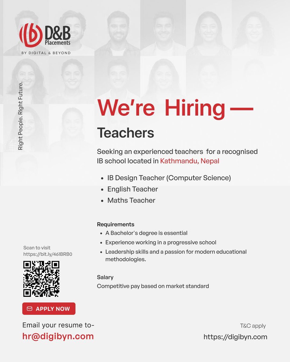 dnbforpeople's tweet photo. Join a team in Kathmandu, Nepal! 

We're seeking passionate IB Design, English &amp; Maths Teachers. Requires a Bachelor's degree &amp; progressive school teaching experience. Apply now! https://t.co/BSG7QDBtD7