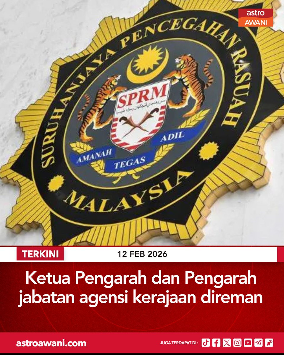 Suruhanjaya Pencegahan Rasuah Malaysia (SPRM) menahan reman seorang ketua pengarah   dan seorang pengarah sebuah jabatan agensi Kerajaan kerana disyaki bersubahat menyeleweng dana kira-kira RM900,000.

Ikuti berita terkini di astroawani.com
#AWANInews