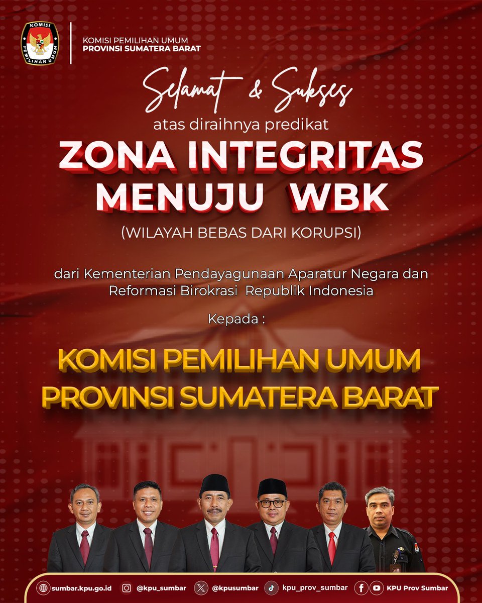 Komisi Pemilihan Umum Provinsi Sumatera Barat menerima predikat Zona Integritas (ZI) menuju Wilayah Bebas dari Korupsi (WBK) dari Kementerian Pendayagunaan Aparatur Negara dan Reformasi Birokrasi (PANRB) Republik Indonesia. Penghargaan tersebut diumumkan pada Rabu (11/02/2026)