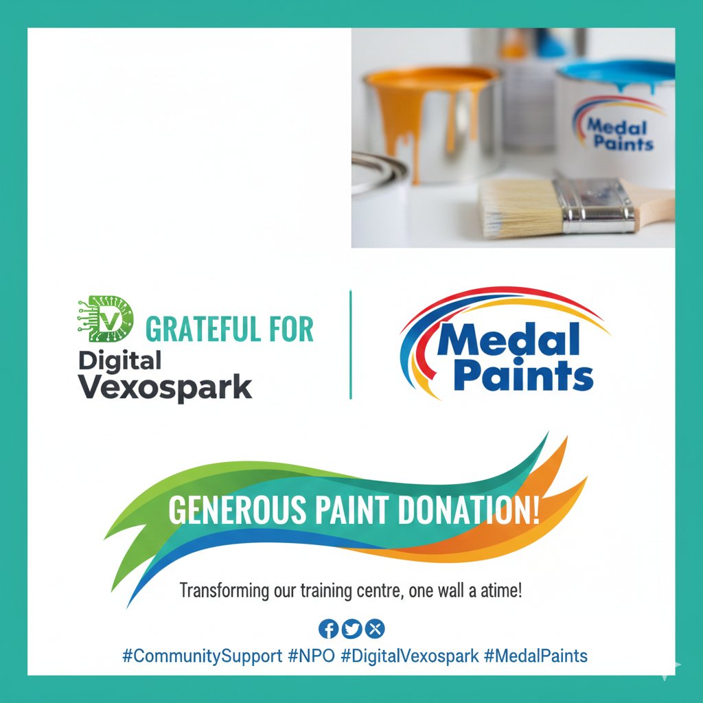 DigitalVexos's tweet photo. Huge thanks to Medal Paints for their generous donation to @DigitalVexospark! 🎨🇿🇦

As a proudly South African brand, they provide the quality and affordability we need to refresh our training centre. We’re excited to get started! 🖌️✨

#ProudlySA #MedalPaints #NPO https://t.co/npPe7dpHlK