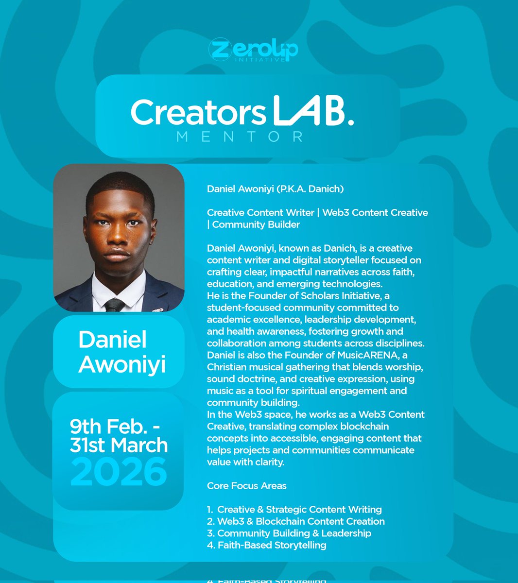 akadreamers's tweet photo. Creators Lab Mentor Spotlight: Daniel Awoniyi (Danich)
Storytelling, Web3 content, and community building with clarity and purpose.
Welcome to the Creators Lab. 🚀
#CreatorsLab https://t.co/qPYLOHp5Hr
