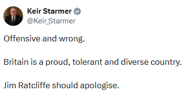 🚨KEIR STARMER RESPONDS TO JIM RATCLIFFE

The Manchester United Co-Owner says the UK is being COLONISED by immigrants

Keir Starmer responded by demanding he APOLOGISE

Jim was right.
Simple as that.