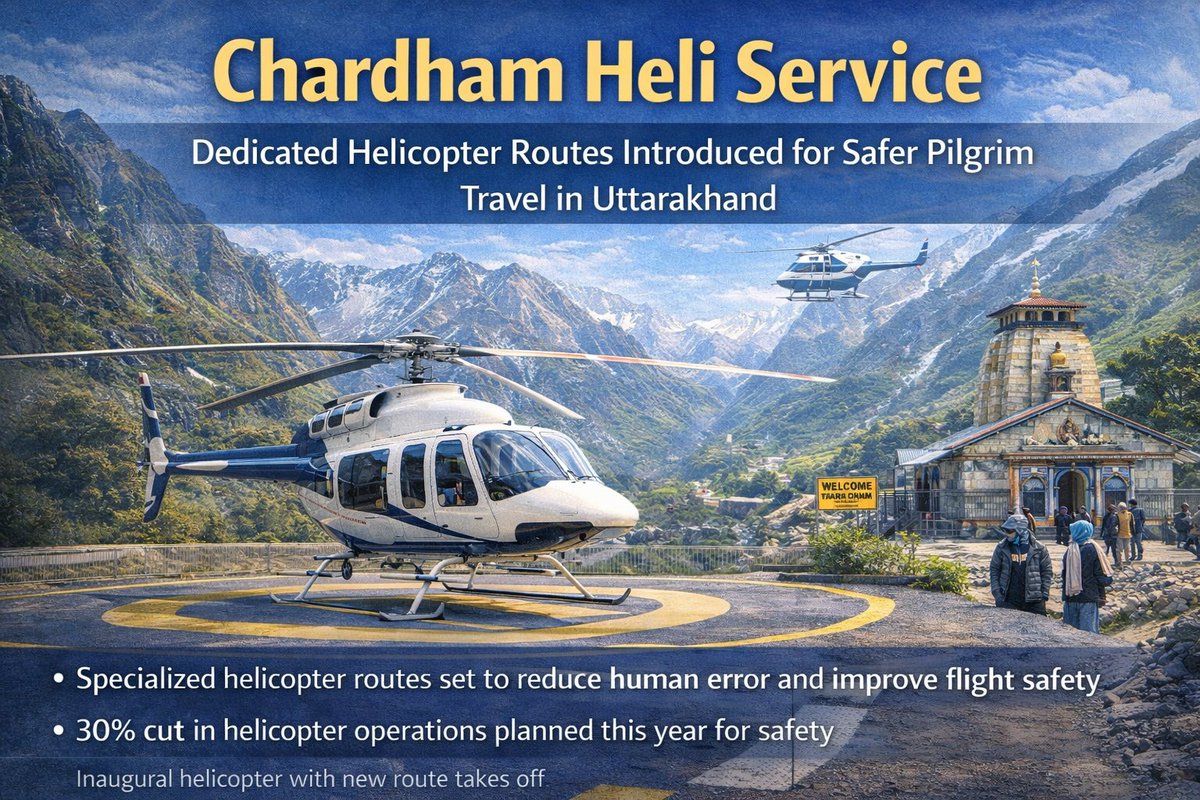 01bheemarmy's tweet photo. Uttarakhand is introducing dedicated helicopter routes for Char Dham services to reduce human error and improve flight safety. A 30% cut in helicopter operations is also planned this year for safer pilgrim travel.
#CharDhamYatra #Uttarakhand #HeliService #AviationSafety https://t.co/tcq81qqU39