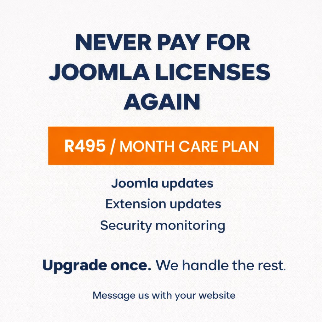 CooCooCoZa's tweet photo. After we upgrade your Joomla site, you can join our Care Plan.

For R495/month we:
Keep Joomla updated
Keep extensions updated
Keep your site secure
You never pay license renewals again.

Learn more: https://t.co/tyU5vw6GV4 https://t.co/mP7YHDTHJE https://t.co/7JQQ1XxUBf