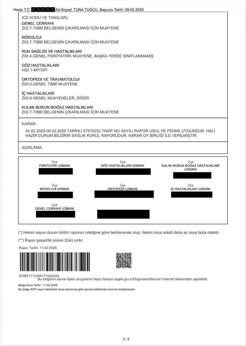 Boğaziçi Üniversitesi Öğretim Üyesi Prof. Dr. Tuna Tuğcu'nun, "istirahat raporu olmasına karşın", raporun "fenne aykırılığı" düşünüldüğünden Fakülte Dekanlığı tarafından Beykoz Devlet Hastanesi'ne sevki yapılmıştı.

Hastanenin "fenne aykırılık" incemesi tamamlandı ve rapor