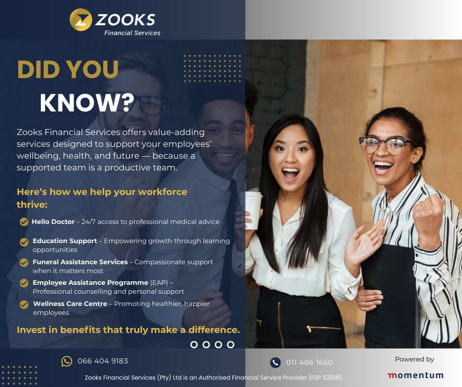 ZooksFinance's tweet photo. 📷 Did you know?
Zooks Financial Services offers value-adding services designed to support your employees’ health, wellbeing, and future.
Sign up here, and we’ll call you back:
📷 https://t.co/qy5UzszwE7
#ZooksFinancialServices Mbeki SONA #AdHocCommittee Panyaza Thabang Hotel https://t.co/k1STSp9Glj