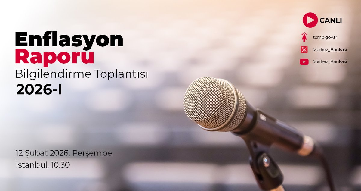 Merkez_Bankasi's tweet photo. Sayın Başkanımız Dr. Fatih Karahan’ın (@yfatihkarahan) Enflasyon Raporu 2026-I Bilgilendirme Toplantısında yapacağı sunum saat 10.30’dan itibaren TCMB internet sitesi (https://t.co/sZV423D5sY) ile TCMB X ve YouTube hesaplarından canlı izlenebilir. https://t.co/m39GPktuLy