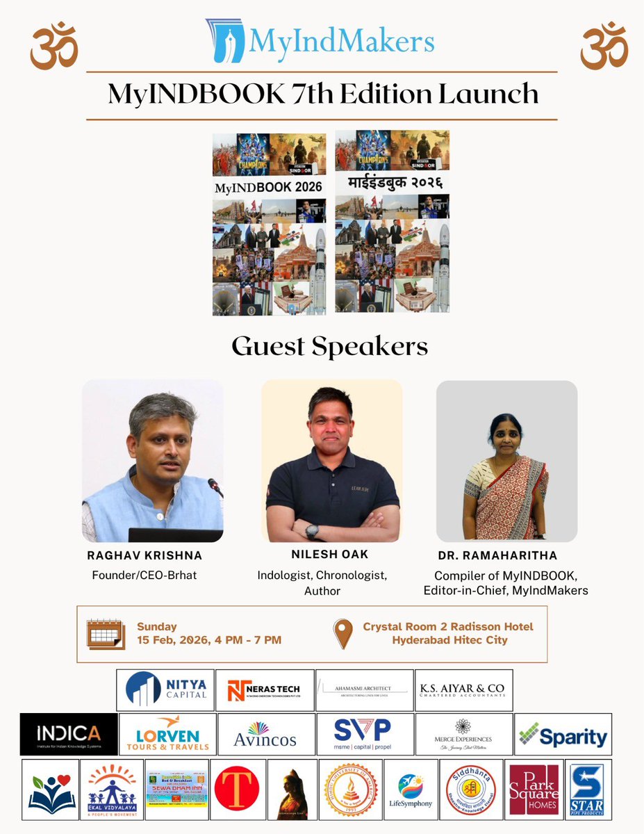 myindmakers's tweet photo. Please do attend #MyIndBook launch event this Sunday from 4-7 pm at Radisson, Gachibowli, #Bhagyanagar AKA #Hyderabad 🙏🙏
@Anviksiki @NileshOak @HarithaPusarla @BPravP @Sanatan_Kranti @IndicaOrg
@AdvSandeepBJP
RSVP (https://t.co/2pfUY3DsOE) https://t.co/8UYrpMbTQ9