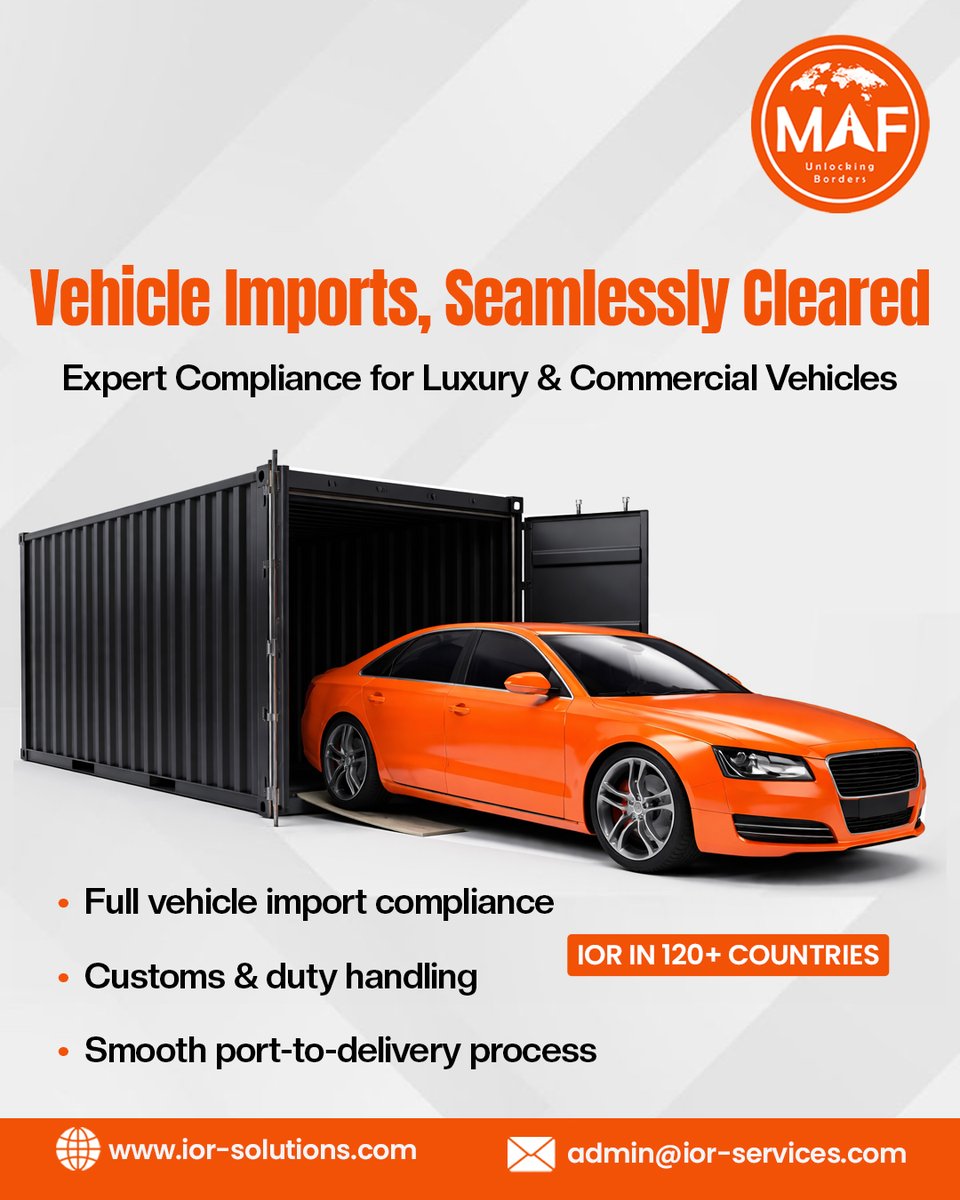 maf_ior's tweet image. Importing vehicles into the UAE requires precision, compliance, and experience. 🚗

We manage the entire import process—

📧 admin@ior-services.com

#VehicleImport #IOR #UAECompliance #GlobalTrade #LuxuryLogistics