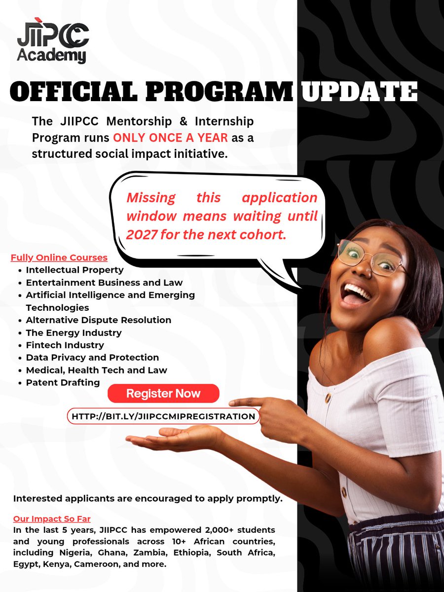 ⏰ Don’t miss this.

The JIIPCC Mentorship &amp; Internship Program runs once a year only.

No application now = waiting till 2027.

Apply while the window is open.

🔗 bit.ly/jiipccmipregis…

#JIIPCC #Mentorship