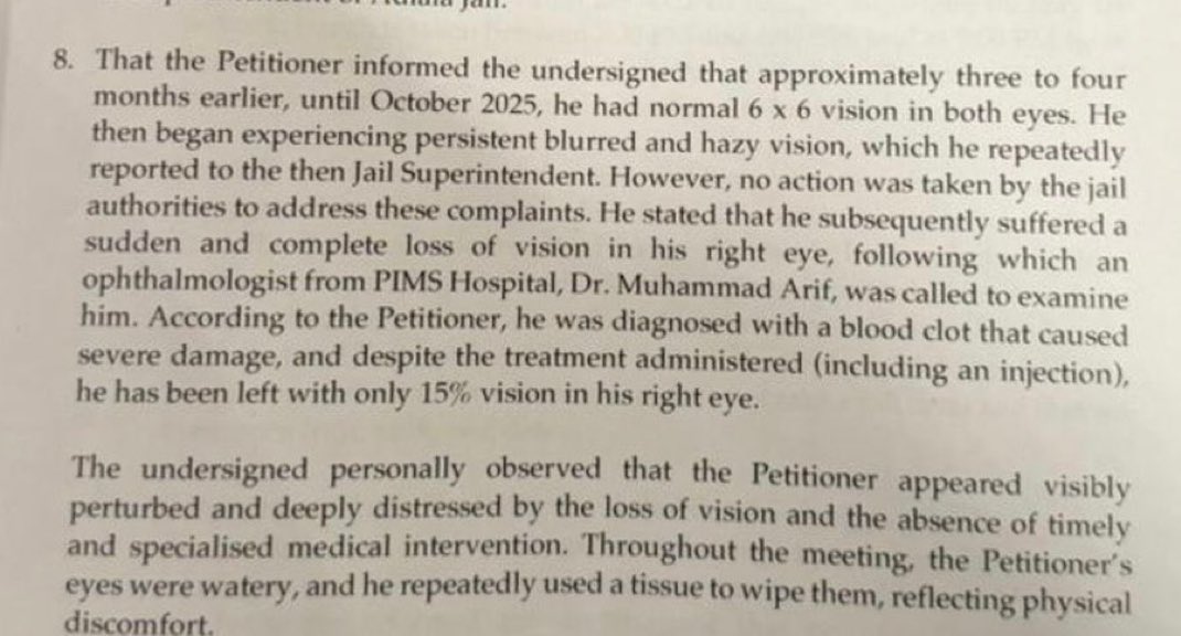 tariqmateen's tweet photo. After reading different parts of the report submitted by Salman Safdar to the Supreme Court of Pakistan, and looking at the order issued by the Chief Justice, it is clear that Imran Khan’s health concerns were not properly handled.

Imran Khan kept informing jail authorities about his medical condition, but the prison administration did not take proper or timely action, even though he is a former Prime Minister and the most popular political leader in the country. Because of this negligence, Imran Khan has almost lost the eyesight in one of his eyes.

The order given by the Supreme Court in the current situation also shows a lack of serious attention to his case. This situation is worrying and not acceptable for the people of Pakistan.

In Imran Khan’s case, the system is acting with complete carelessness and is testing the patience of the people of Pakistan.