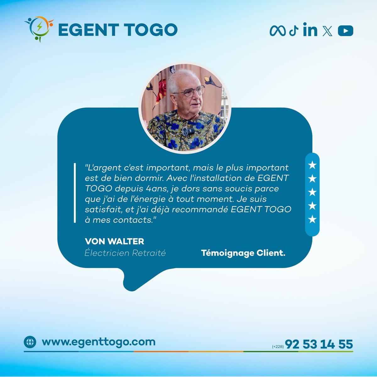 L'expertise reconnue par les experts !
​Von Waltbur, électricien suisse retraité, nous fait confiance depuis 4 ans :
« Je dors sans soucis car j'ai de l'énergie à tout moment. » 
​La fiabilité technique, c'est notre signature chez #EgentTogo.
​#Solaire #Togo #GreenEnergy #Lomé