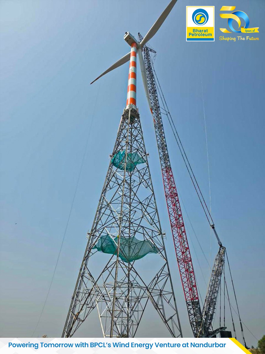 BPCLimited's tweet photo. BPCL takes a decisive step forward in its renewable energy journey with the successful erection of the first Wind Energy Generator at Nandurbar (Maharashtra), marking its first sole wind power venture under a mega-scale 100 MW project.

The project comprises 24 advanced 2.1 MW wind turbines rising to 140 metres across nearly 110 acres in Nandurbar, reflecting both engineering scale and sustainable ambition. The erection of the first turbine highlights BPCL’s strong execution capabilities and commitment to resilient renewable assets.

This milestone signals BPCL’s transition from joint ventures to independent clean energy leadership. Under Project Aspire and aligned with the Net Zero roadmap, BPCL continues to integrate sustainability into its core growth strategy.

#BPCL #ProjectAspire #NetZero #WindEnergy #RenewableEnergy #EnergyTransition #SustainableFuture

@PetroleumMin @Secretary_MoPNG @HardeepSPuri