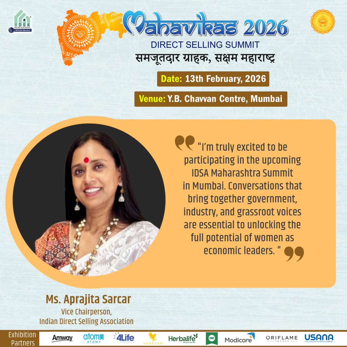 Empowering women. Enabling voices. Driving change.
Ms. Aprajita Sarcar joins Maha Vikas 2026 to spotlight the power of collaboration in unlocking women’s leadership and economic potential.
Be there for the conversations that matter. 
13th February 2026
Y.B. Chavan Centre, Mumbai