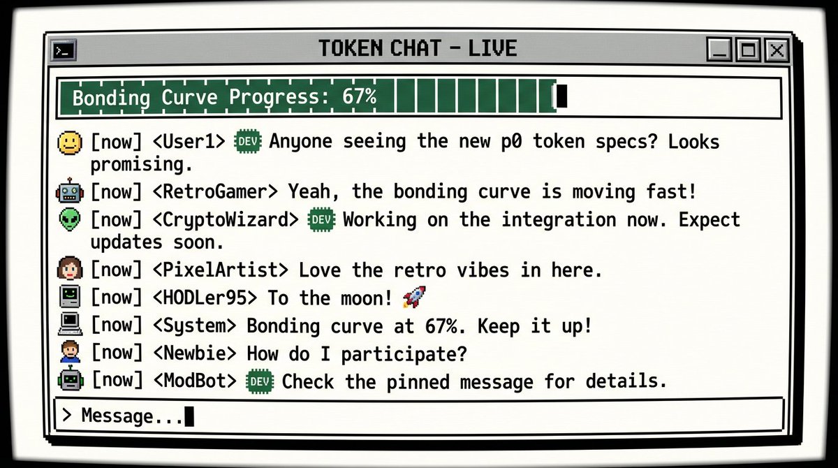 P0Systems's tweet image. Most tokens die in silence during the bonding curve.

p0 Terminal has live chat on every token page. Talk to holders before you even hit bonding.

Build community at 5k MCAP, not 500k.

Early believers &amp;gt; late FOMO