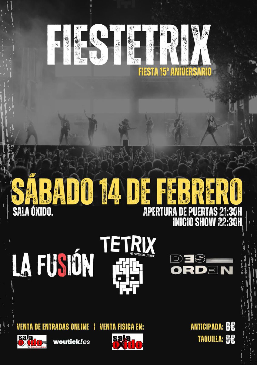 Nos preparamos para dos días intensos. 
Para mañana, recordamos que esta todo agotado desde hace tiempo para ver a Linaje junto a Rienda Suelta y ROTO 
Y para el sábado, apenas quedan 20 entradas para el fiestòn que ha organizado TETRIX
Y seguimos contando los días por llenazos