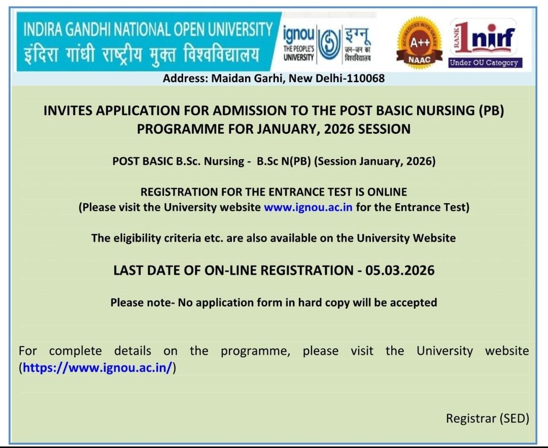 Nursing(PB) Entrance Test Link for January, 2026 SessionB.Sc.
ignounursing.samarth.edu.in