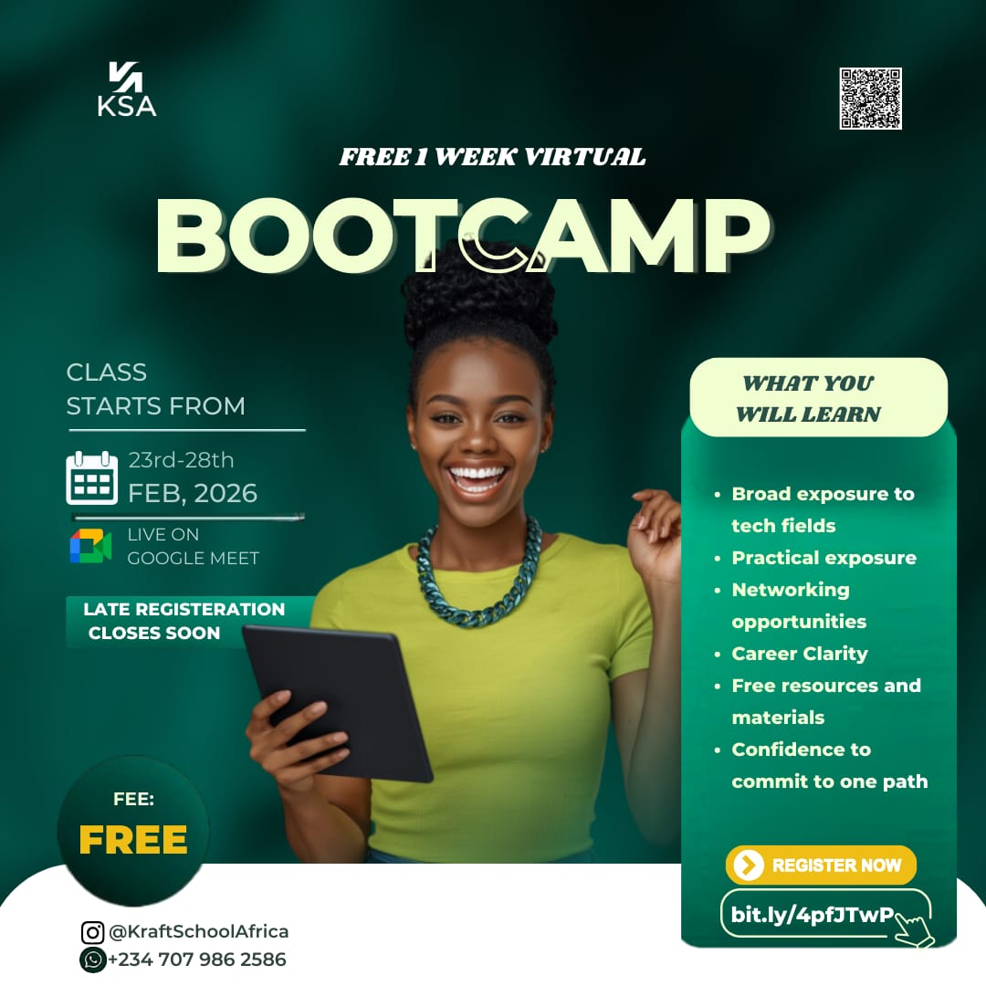 KraftSchool's tweet photo. Few days to the Bootcamp that is sure to define your Tech future 

Book a spot now: https://t.co/pGdkIqsUwf https://t.co/A5Uu8VBopB