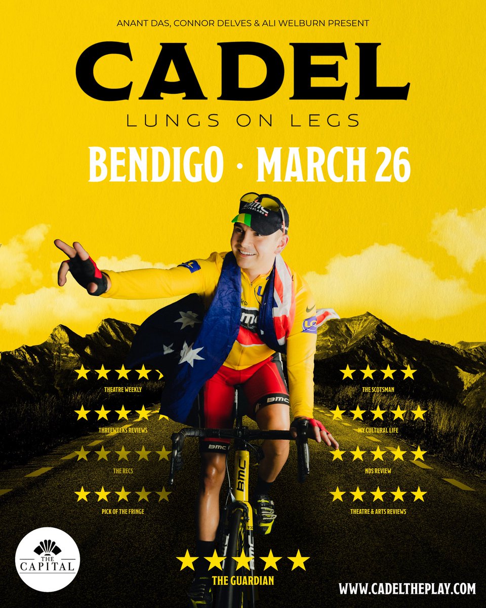 🚴‍♂️ BENDIGO SHOW ANNOUNCED! 

After a sell-out performance in Geelong with the <a href="/CadelRoadRace/">Cadel Road Race</a> and a sell-out Perth season, the smash-hit play about #cadelevans will return to Victoria with a performance at <a href="/capitalbendigo/">Capital Bendigo</a> on Thursday March 26!

🎟️ cadeltheplay.com