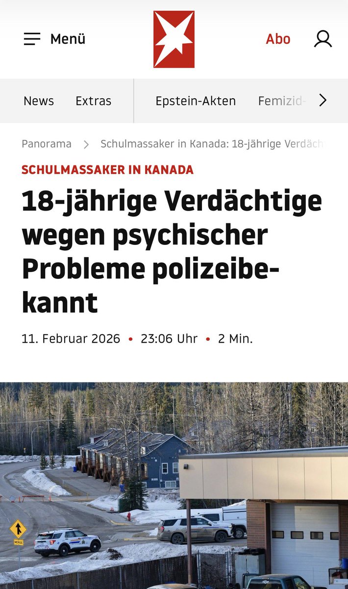 In Tumbler Rich (Kanada) hat ein 18-jähriger Mann bei einem Amoklauf seine Mutter, seinen Bruder, eine Lehrerin, drei junge Schülerinnen und zwei Schüler erschossen und 35 Personen verletzt. Danach tötete er sich selbst. Inzwischen ist klar, dass der Mann psychisch krank und