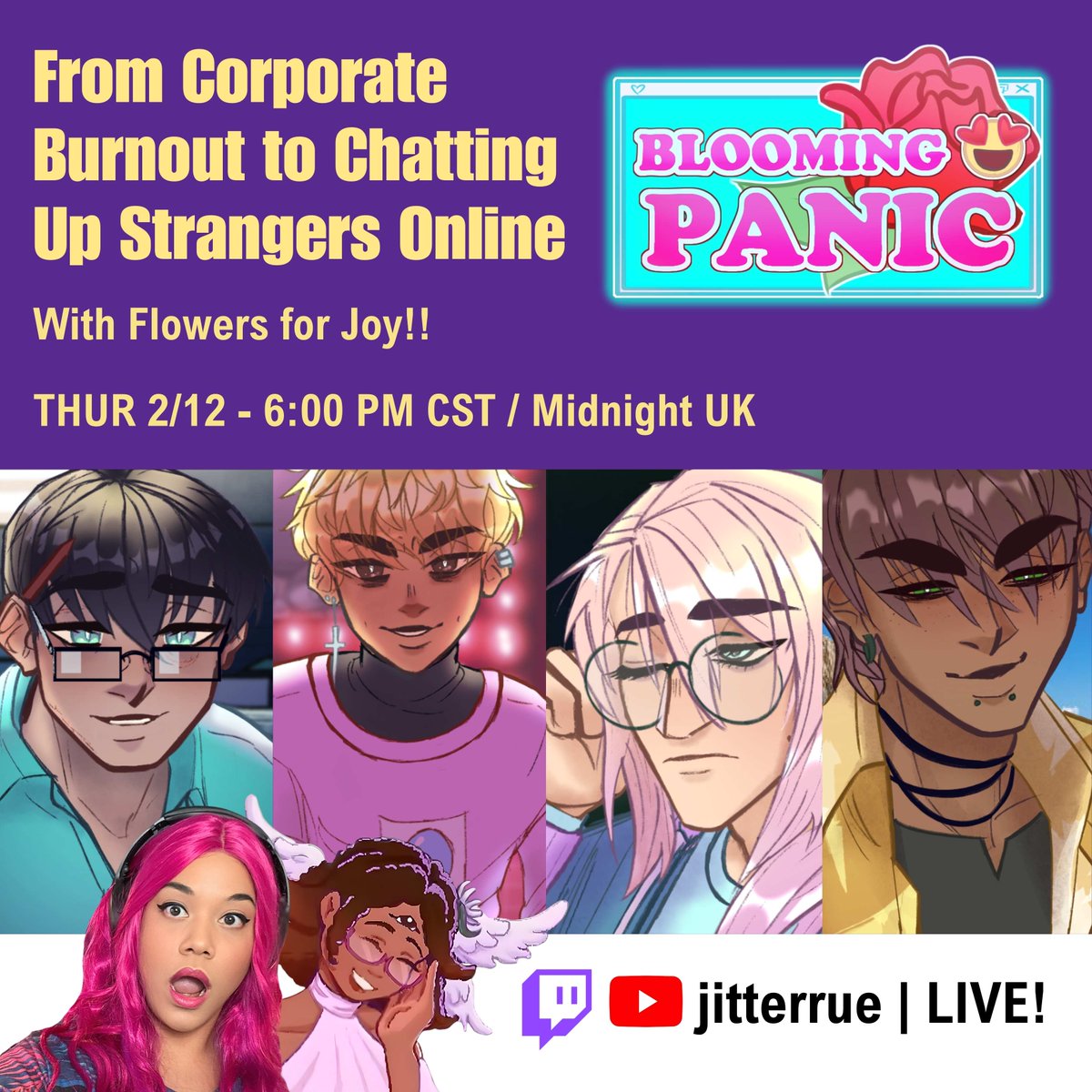 jitterrue's tweet photo. From Corporate Burnout to Chatting Up Strangers Online | Blooming Panic β With @flowersfourjoy
πTHUR, 2/12
π 6:00 PM CST | Midnight UK
Twitch π https://t.co/3NrZWlRMAF
YouTube π https://t.co/MT8WSRykUi
Dev: @robo_barbie
#ChatSim #IndieGame #VisualNovel #OtomeGame https://t.co/LT1Erud86M
