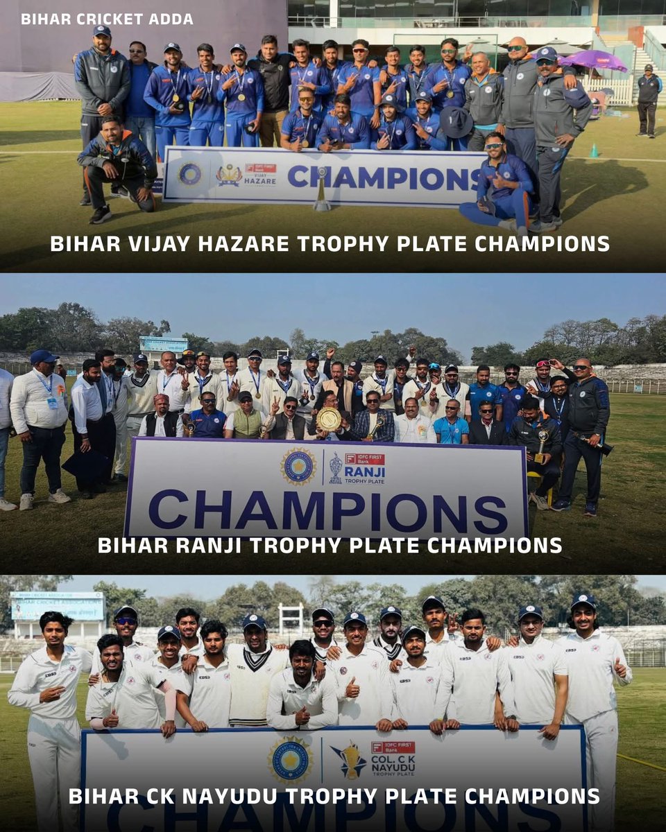 Bihar_se_hai's tweet photo. 𝗕𝗜𝗛𝗔𝗥’𝗦 𝗗𝗢𝗠𝗜𝗡𝗔𝗡𝗖𝗘 𝗜𝗡 𝗧𝗛𝗘 𝗣𝗟𝗔𝗧𝗘 𝗚𝗥𝗢𝗨𝗣 𝗖𝗢𝗡𝗧𝗜𝗡𝗨𝗘𝗦! 🔥🏆

Bihar have scripted history this season with a sensational clean sweep in the Plate Group! 💪

🏆 Ranji Trophy – Champions
🏆 Vijay Hazare Trophy – Champions
🏆 Col. C. K. Nayudu Trophy (U-23) – Champions

Three titles. One season. Total domination. 👑
And the statement doesn’t end there — Bihar have qualified for the Elite Group in every competition! 

#biharcricketassociation #biharcricket