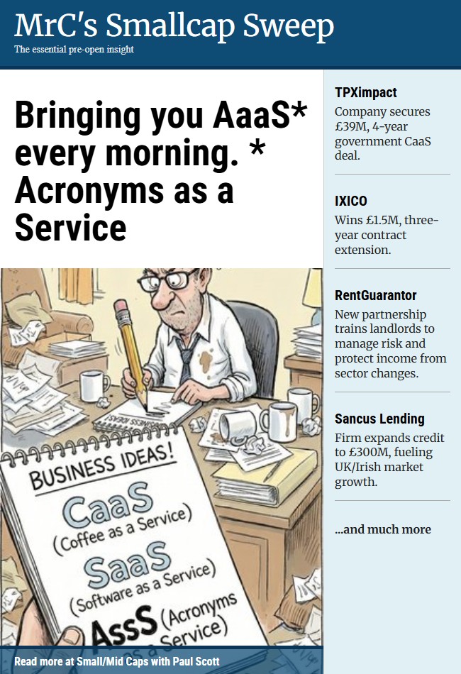MrC's Smallcap Sweep. Bringing you AaaS* every morning.
*  Acronyms as a Service 
𝗧𝗣𝗫,𝗜𝗫𝗜,𝗥𝗚𝗚,𝗟𝗘𝗡𝗗,𝗜𝗛𝗖,𝗧𝗥𝗜,𝗢𝗡𝗗𝗢,𝗥𝗲𝗱,𝗚𝗘𝗡𝗙

My report will appear on today's Small/Mid Caps with Paul Scott. Subscribe at
paulypilot.substack.com