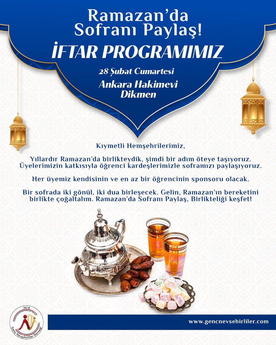 Ramazan’da Sofranı Paylaş!

Kıymetli Hemşehrilerimiz,

Yıllardır Ramazan’da birlikteydik, şimdi bir adım öteye taşıyoruz. Üyelerimizin katkısıyla öğrenci kardeşlerimizle soframızı paylaşıyoruz.